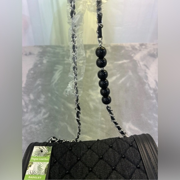 Badgley Mischka Black Denim Diamond Quilted Leather Chain Beaded Crossbody NWT - Picture 5 of 7
